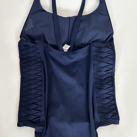 Athleta Adriata Womens Sz S One Piece Swimsuit Navy Blue Woven Panel Round Neck - Picture 7 of 15